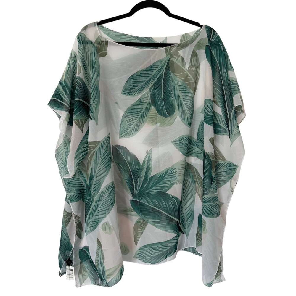 Trezo Womens OSFM Green White Sheer Coverup Top NWT Tropical Vacation Resort